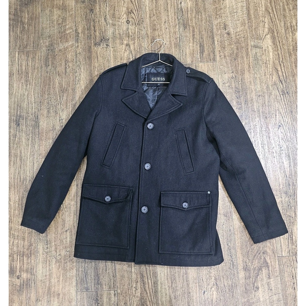 Guess Wool Blend Coat Mens Size XL Button Front Black Jacket Insulated